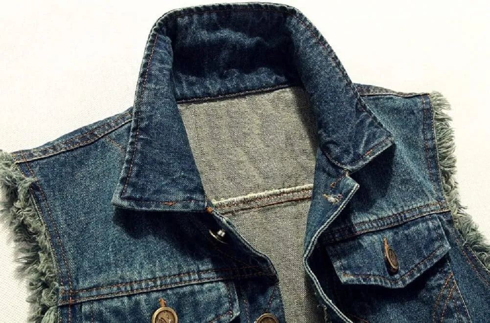 Saukiee Men's Casual Lapel Denim Vest Jacket Vintage Slim Fit Sleeveless Ripped Jeans Vests