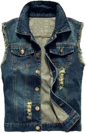Saukiee Men's Casual Lapel Denim Vest Jacket Vintage Slim Fit Sleeveless Ripped Jeans Vests