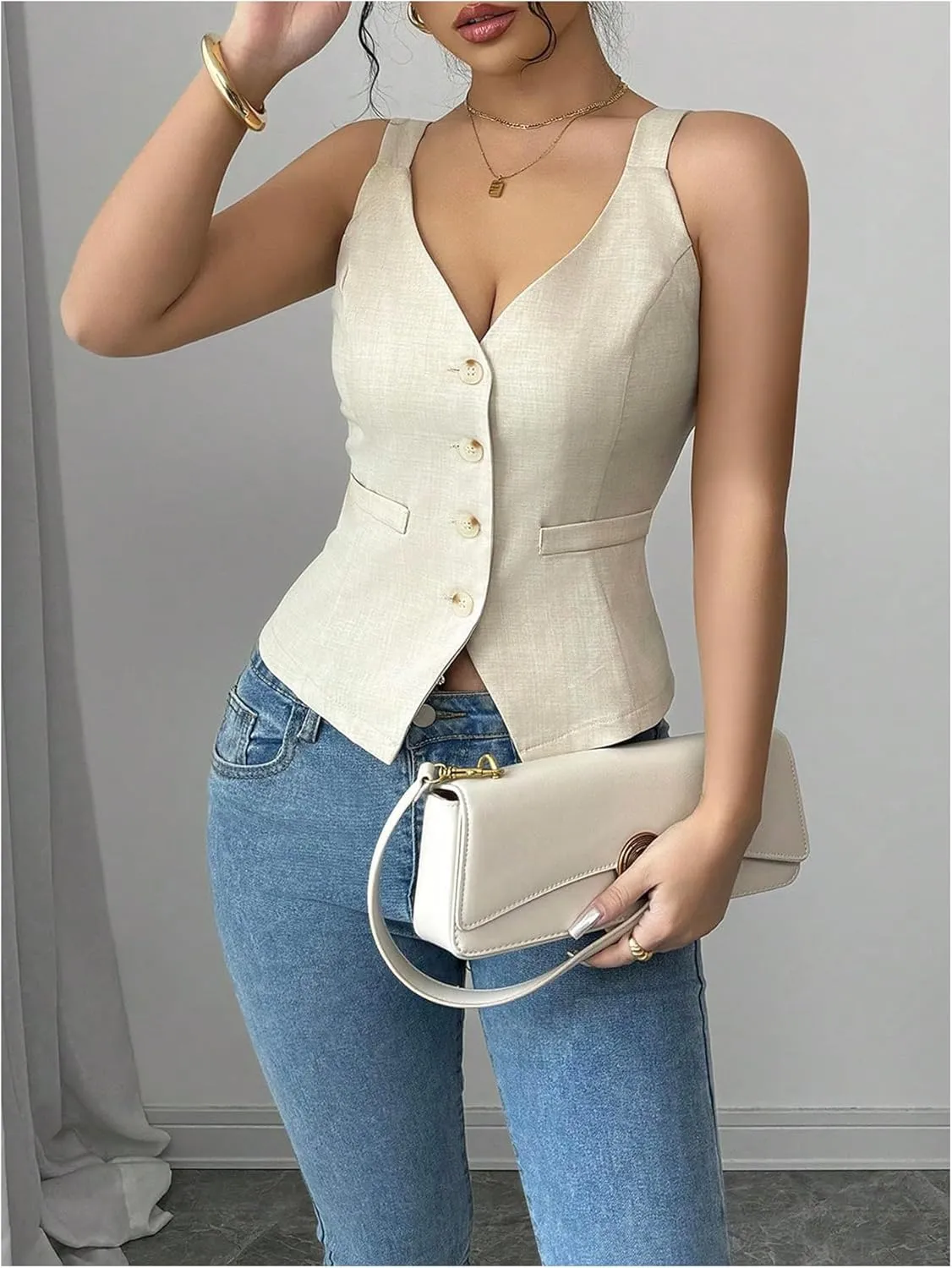 SHENHE Women's Button Up V Neck Vest Casual Business Waistcoat Blazer Vests Tank Top