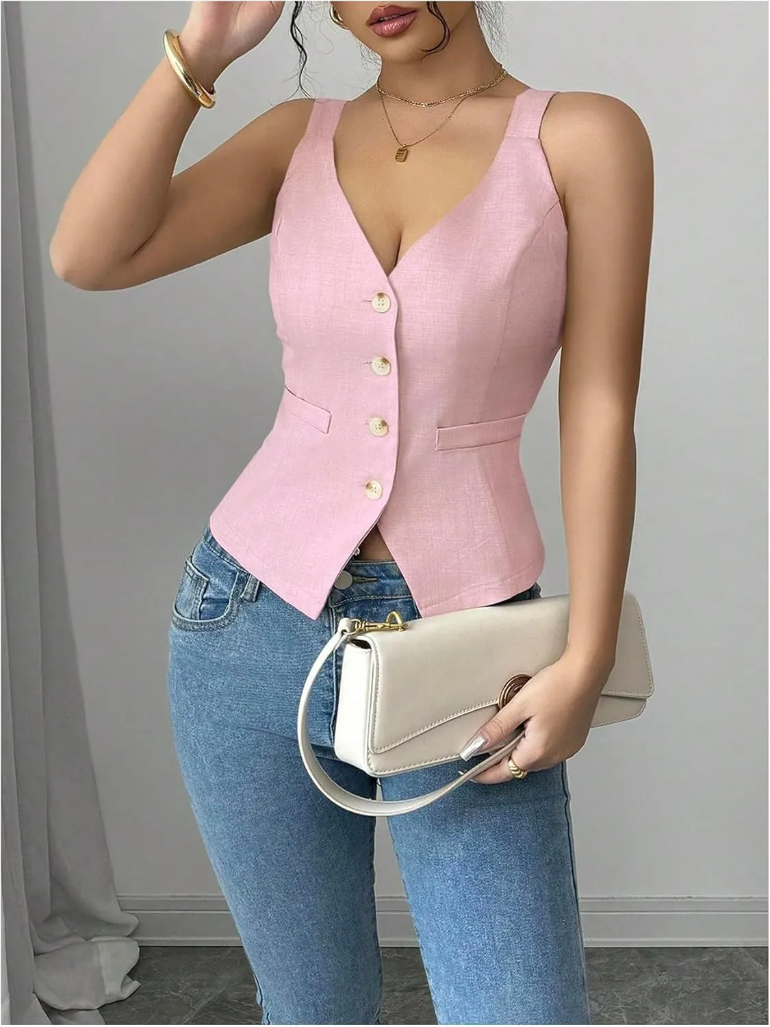 SHENHE Women's Button Up V Neck Vest Casual Business Waistcoat Blazer Vests Tank Top