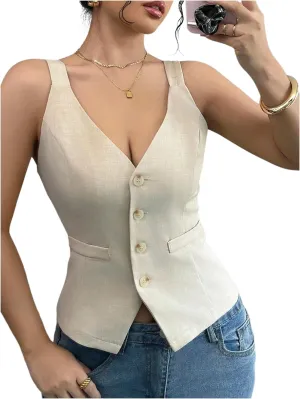 SHENHE Women's Button Up V Neck Vest Casual Business Waistcoat Blazer Vests Tank Top