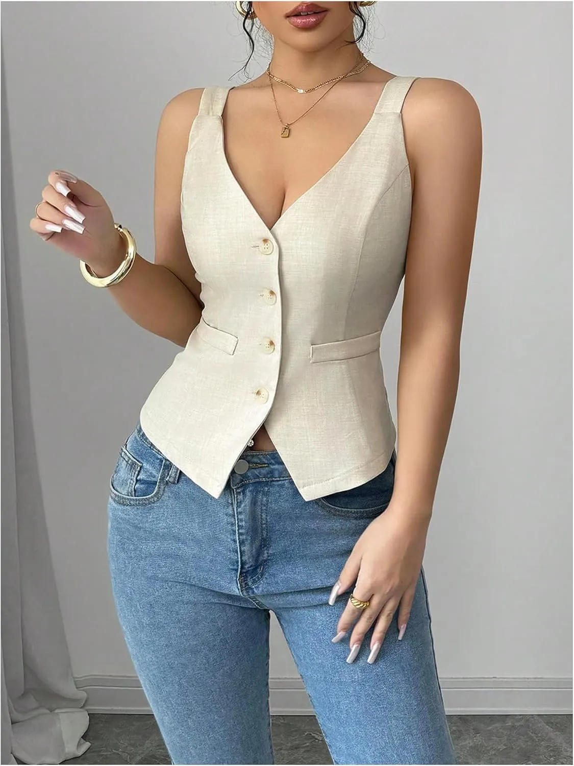 SHENHE Women's Button Up V Neck Vest Casual Business Waistcoat Blazer Vests Tank Top