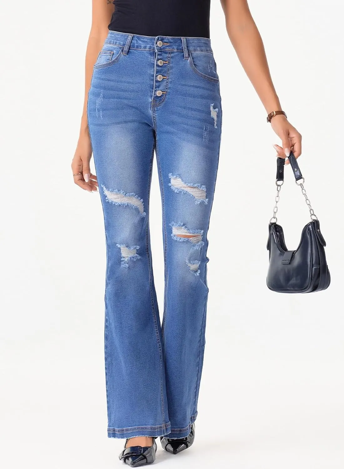 Sidefeel Women's High Waisted Bell Bottom Bootcut Jeans Flared Wide Leg Denim Pants