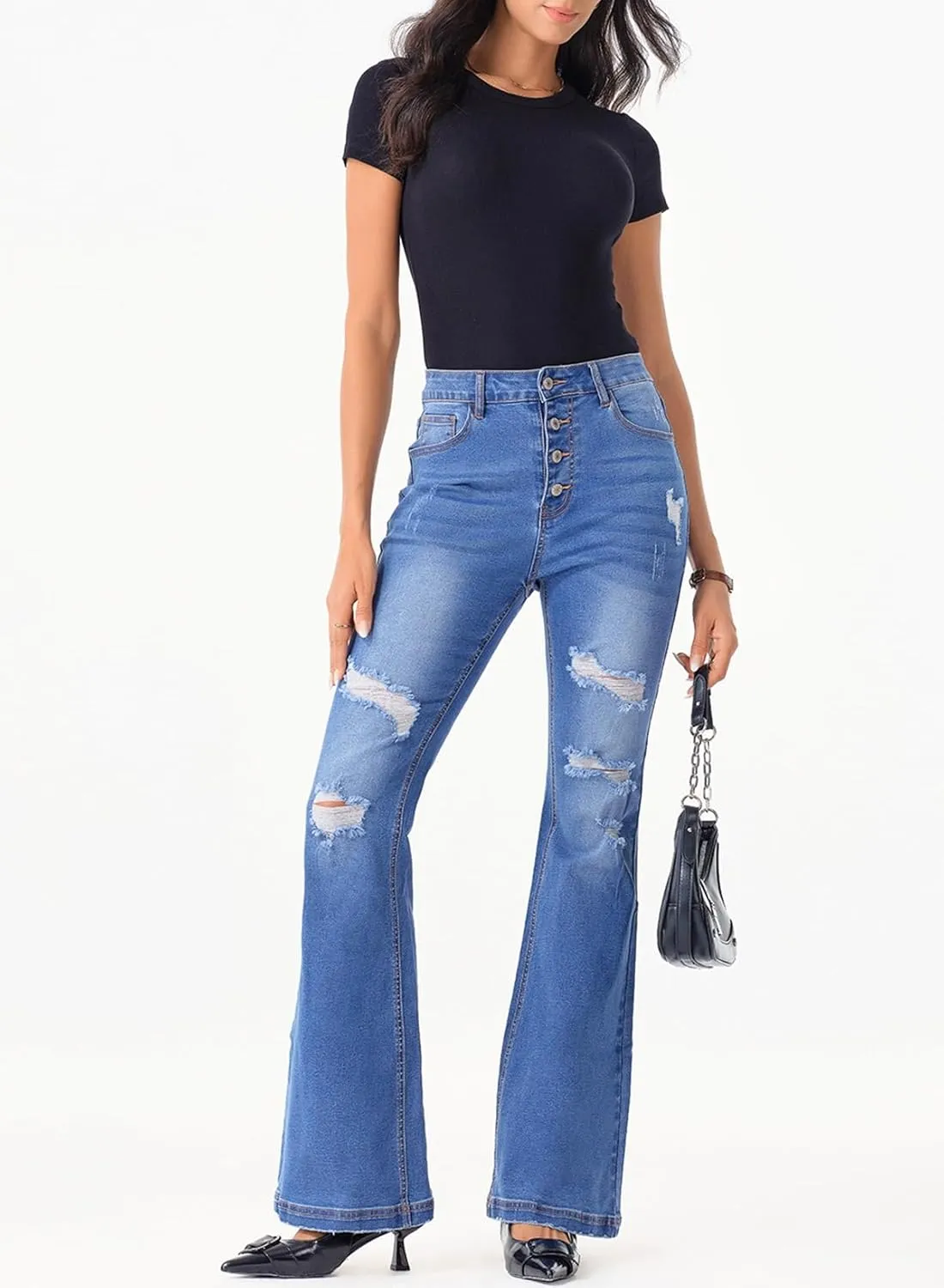 Sidefeel Women's High Waisted Bell Bottom Bootcut Jeans Flared Wide Leg Denim Pants