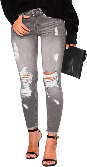 Skinny Jeans for Women Trendy Destroyed Ripped Stretchy High Waisted Jeans Casual Tummy Control Button Denim Pants
