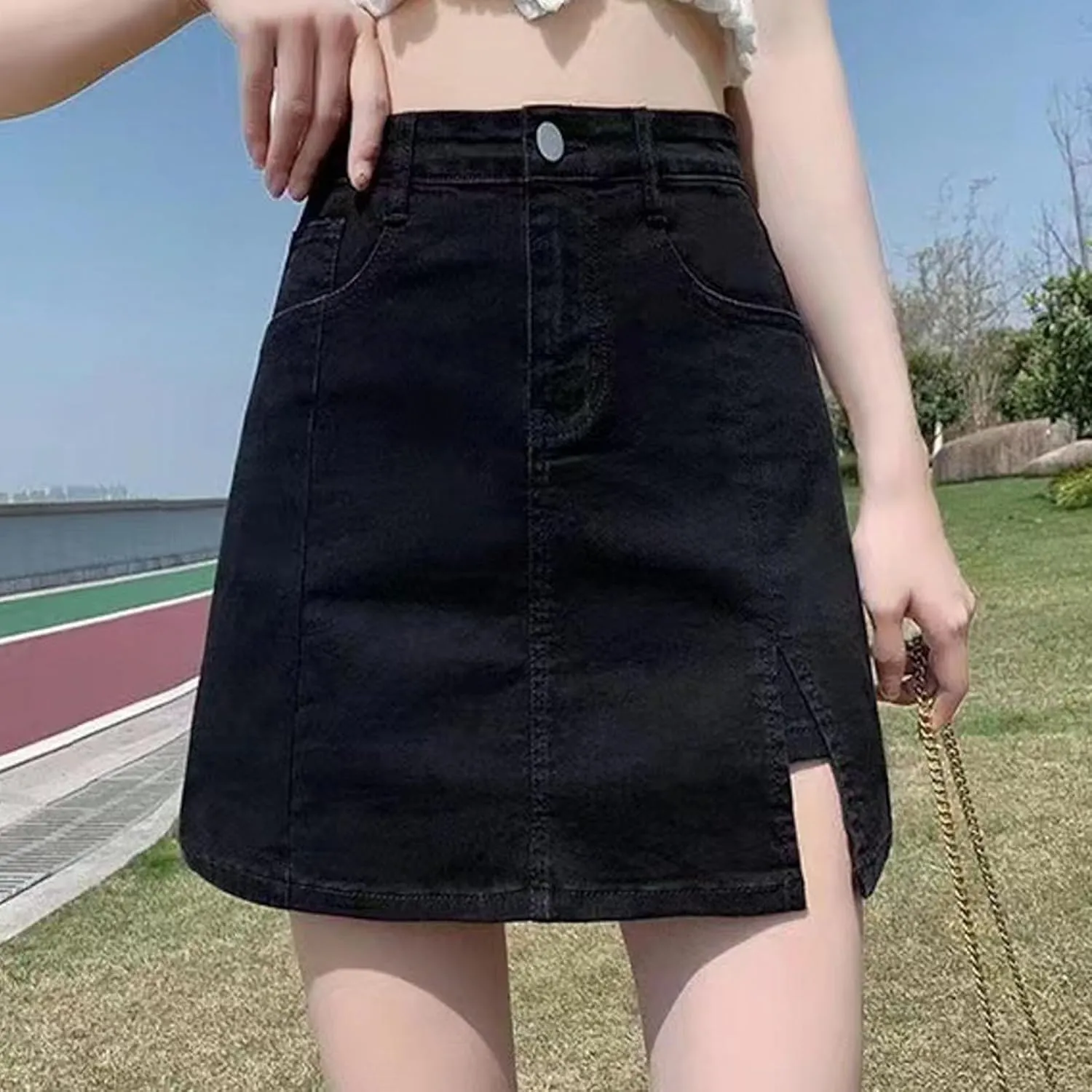 Skorts Skirts for Women Denim Casual Mini Skirt Side Slit High Waist Slim Fit Stretchy Trendy Teen Girls Jean Shorts