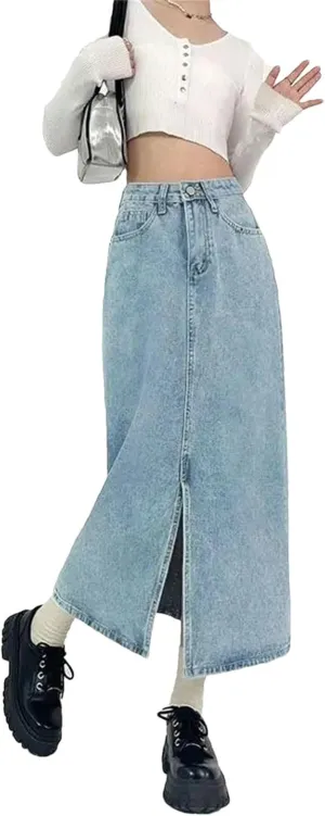 Slit A-Line Denim Skirt for Women Spring Autumn High-Waisted Jeans Skirt