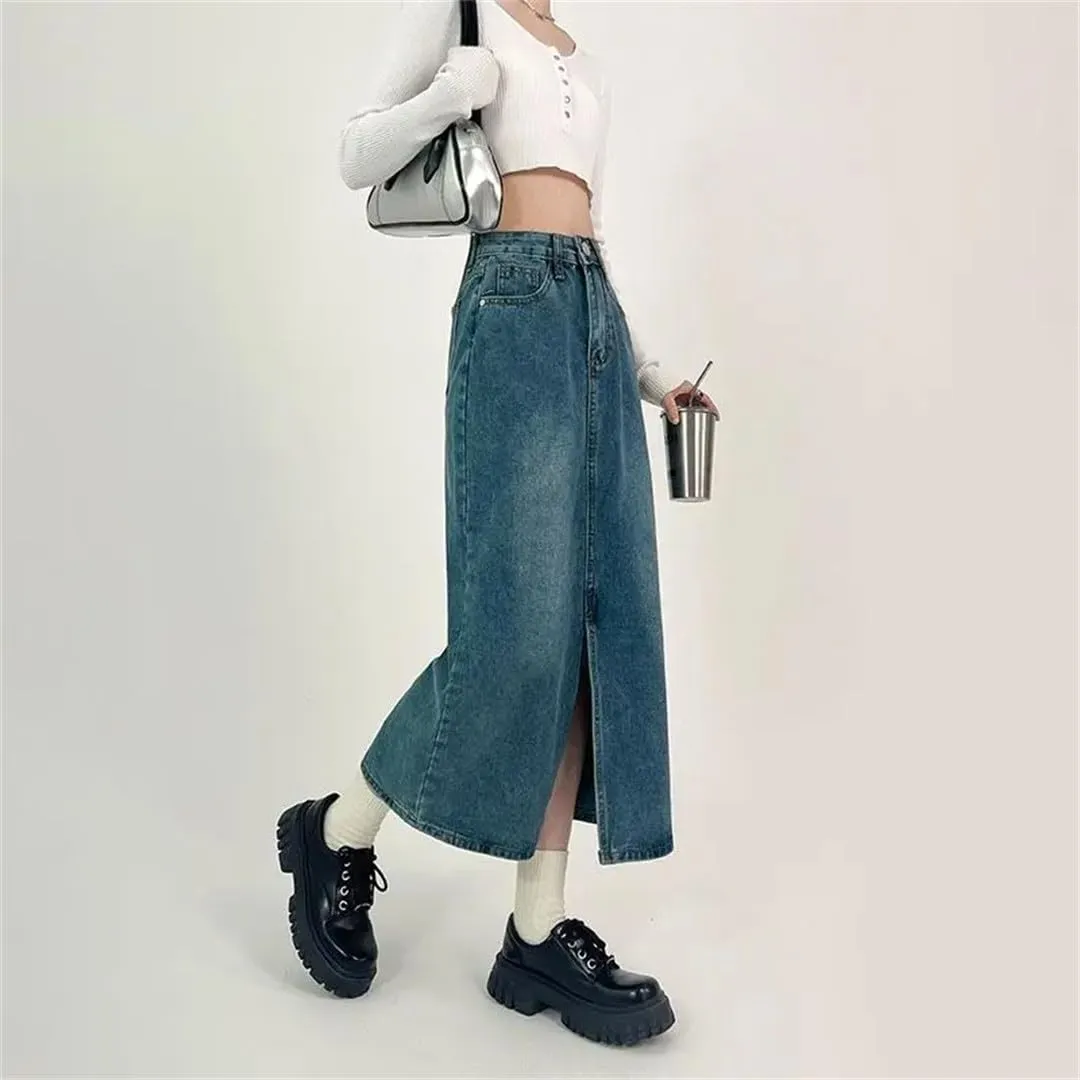 Slit A-Line Denim Skirt for Women Spring Autumn High-Waisted Jeans Skirt
