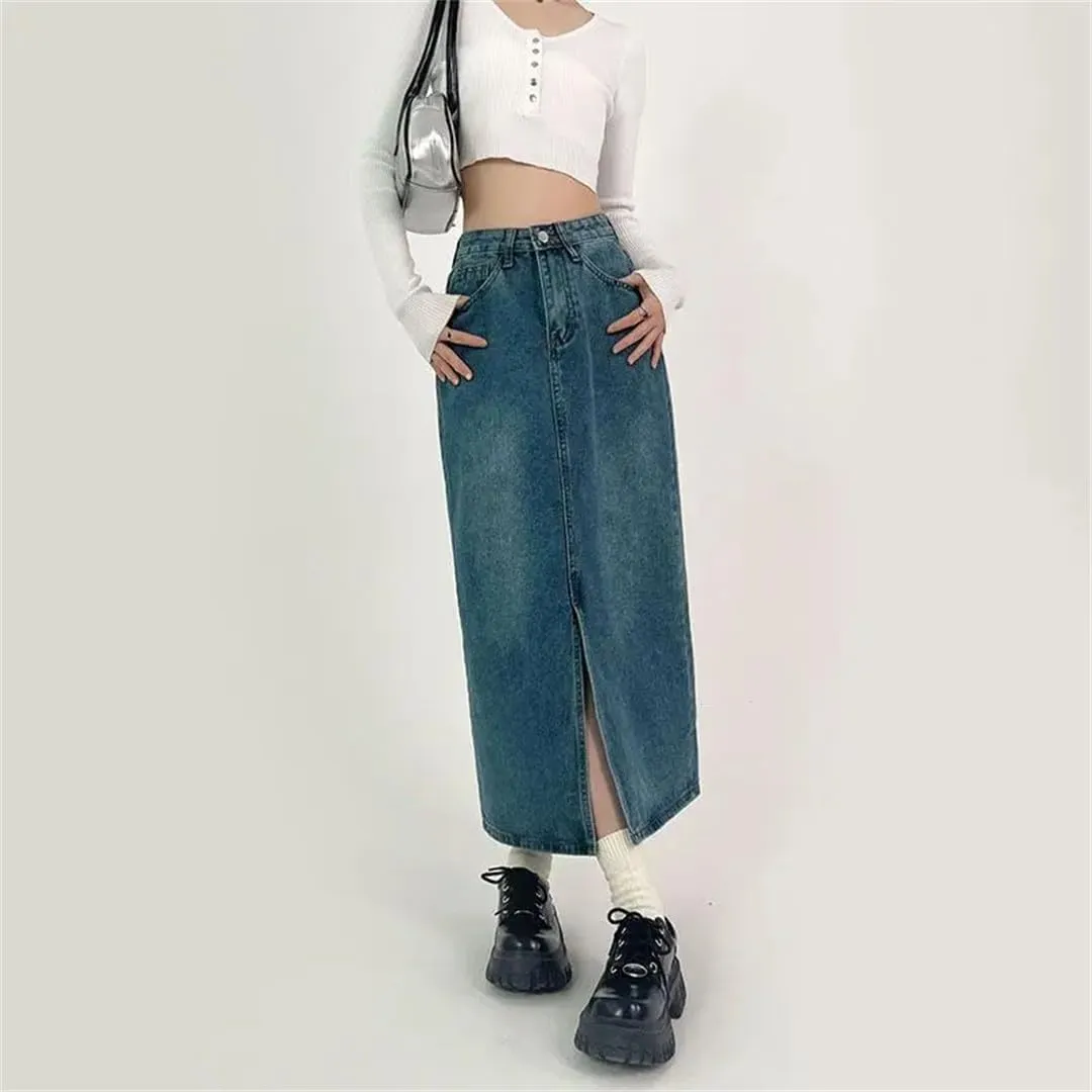 Slit A-Line Denim Skirt for Women Spring Autumn High-Waisted Jeans Skirt