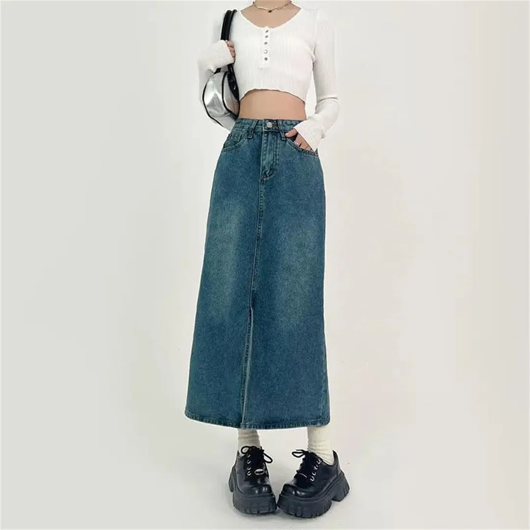 Slit A-Line Denim Skirt for Women Spring Autumn High-Waisted Jeans Skirt