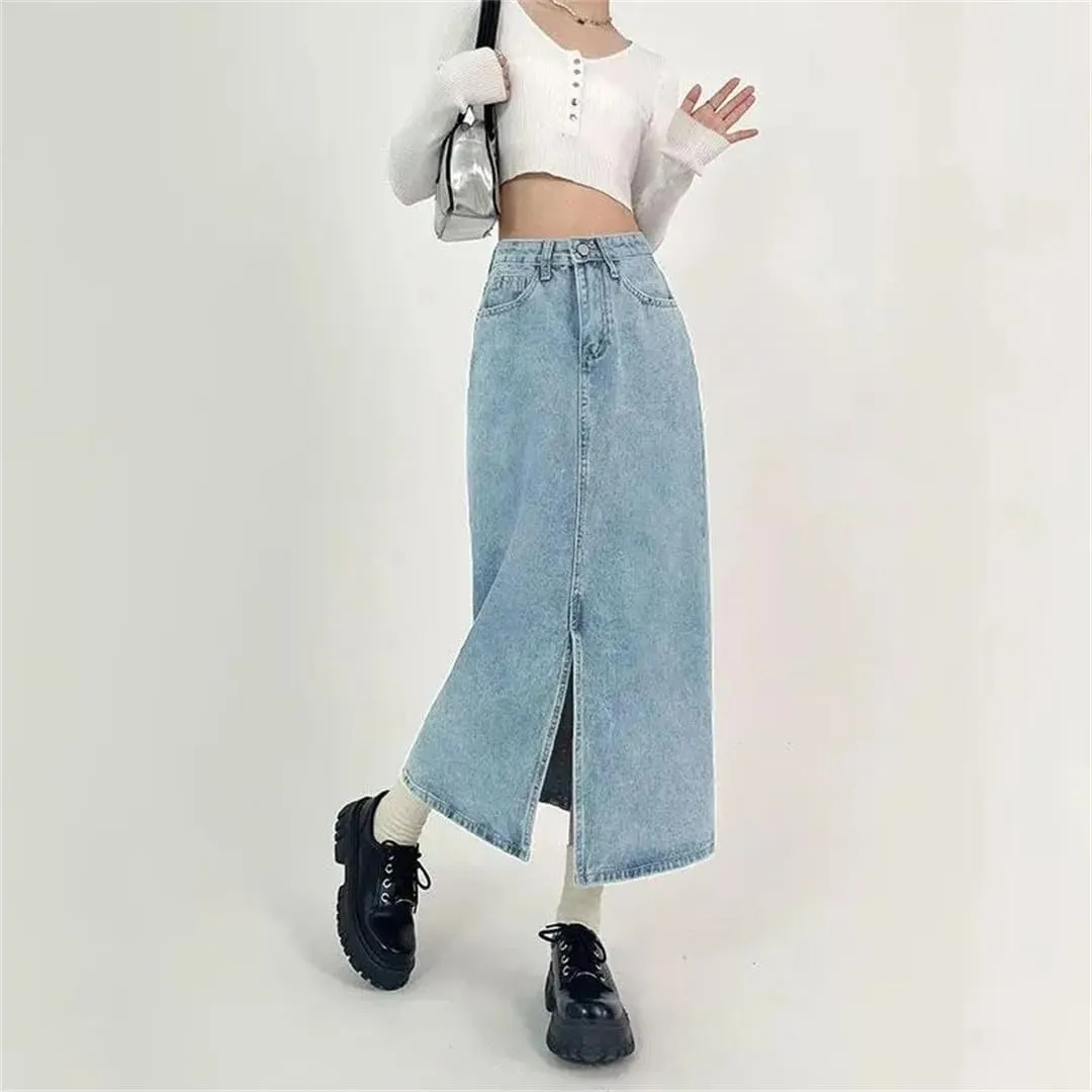 Slit A-Line Denim Skirt for Women Spring Autumn High-Waisted Jeans Skirt