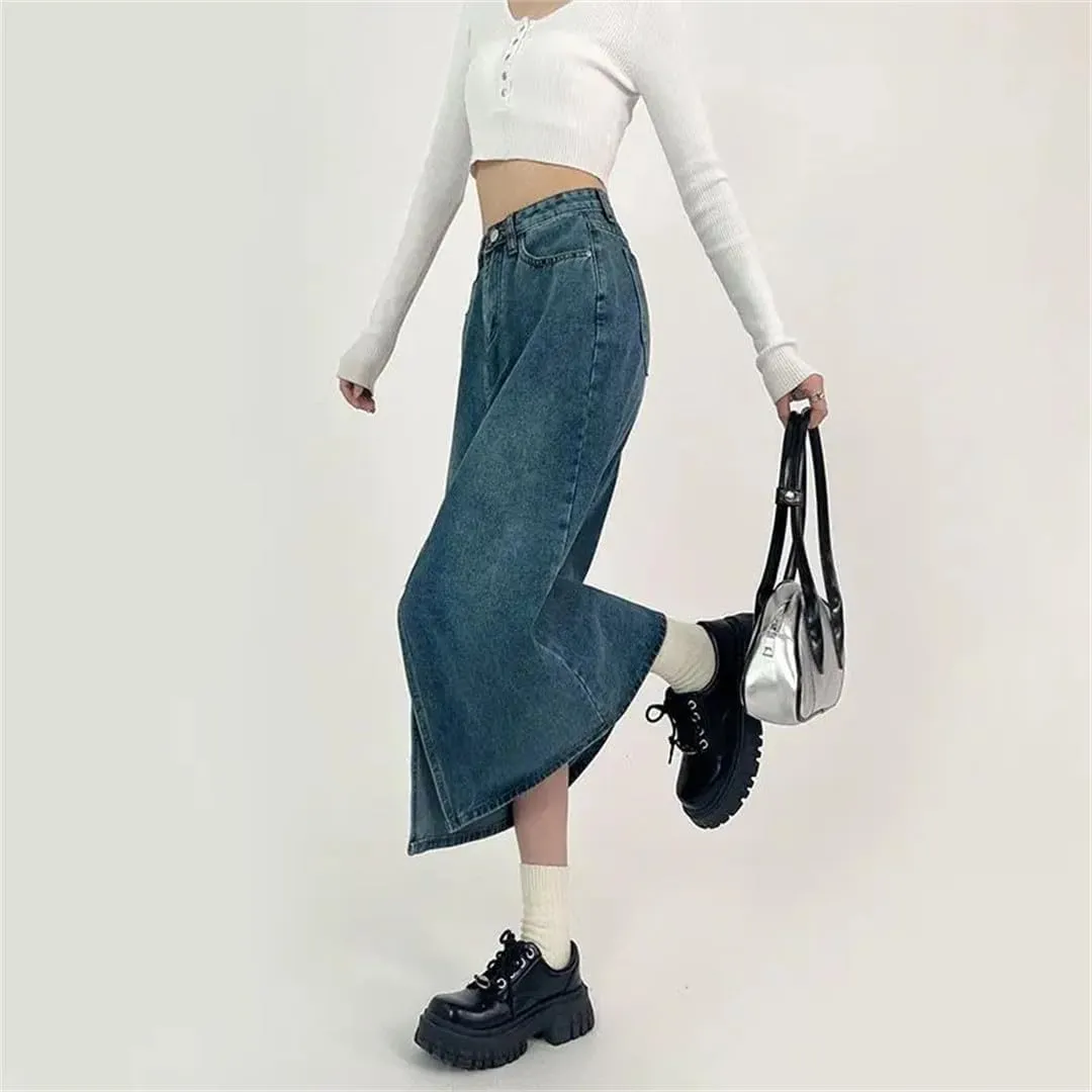 Slit A-Line Denim Skirt for Women Spring Autumn High-Waisted Jeans Skirt