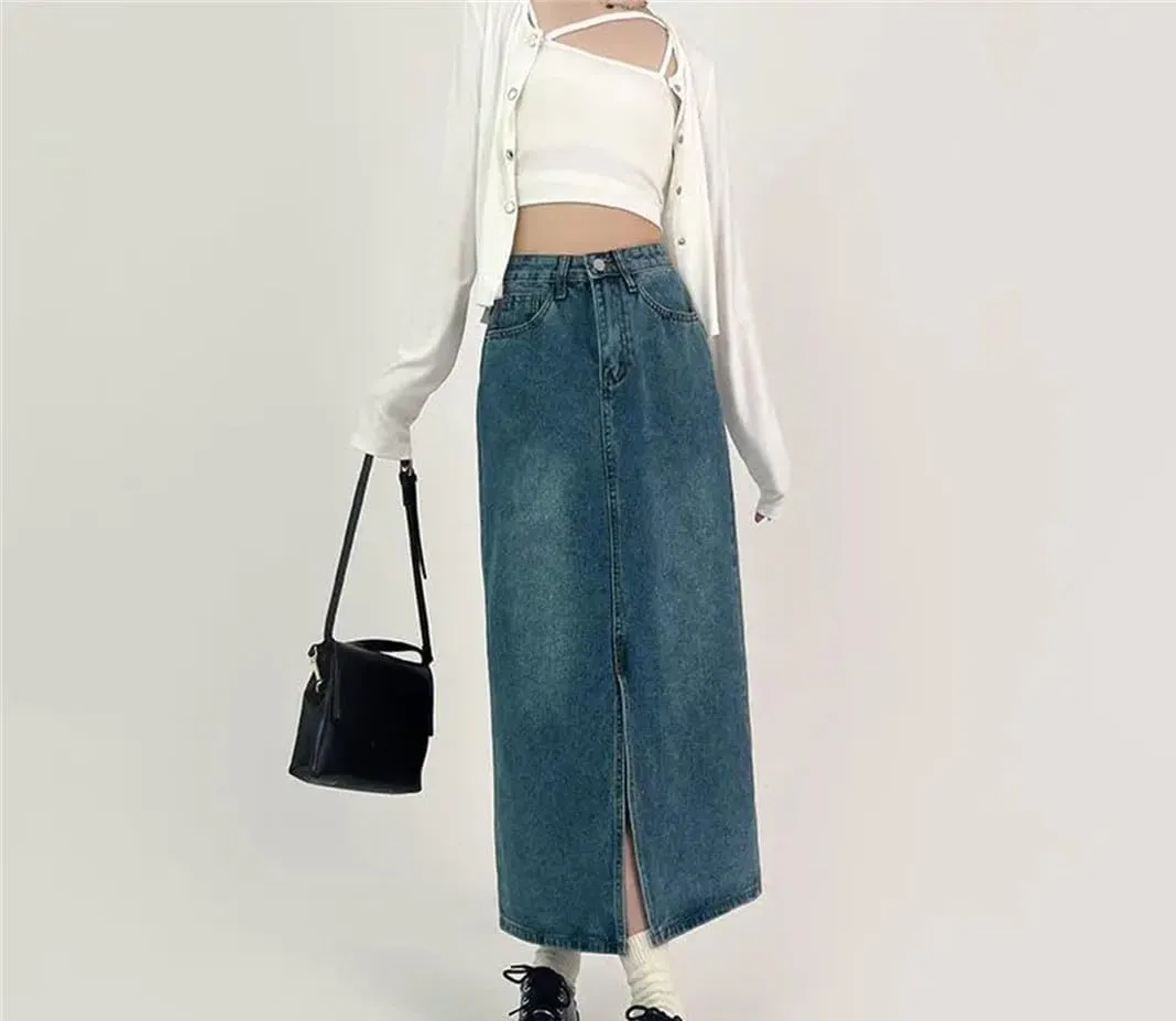Slit A-Line Denim Skirt for Women Spring Autumn High-Waisted Jeans Skirt