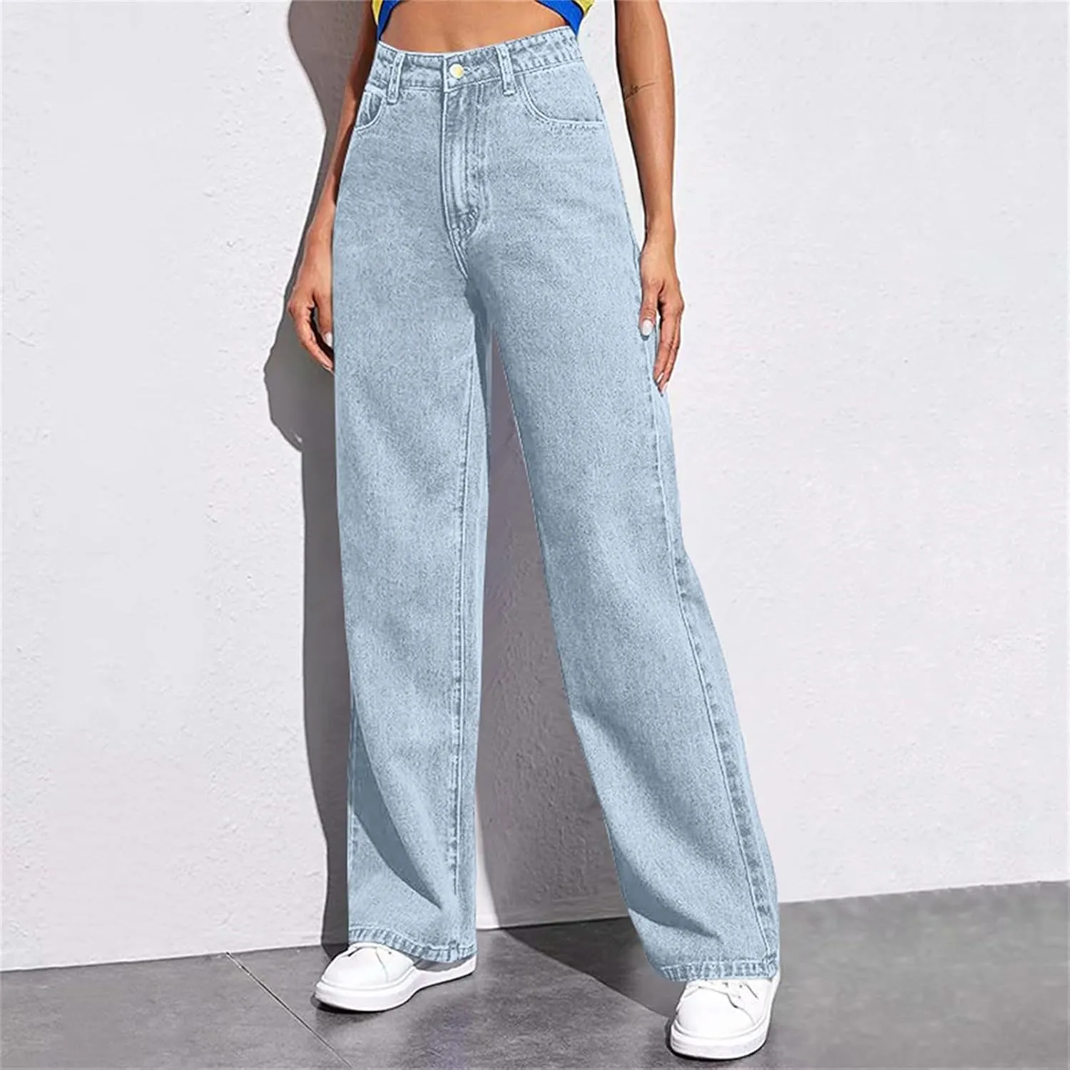 Straight Leg Jeans for Women,Trendy Retro High Waisted Wide Leg Stretch Boyfriend Denim Pants with Pockets
