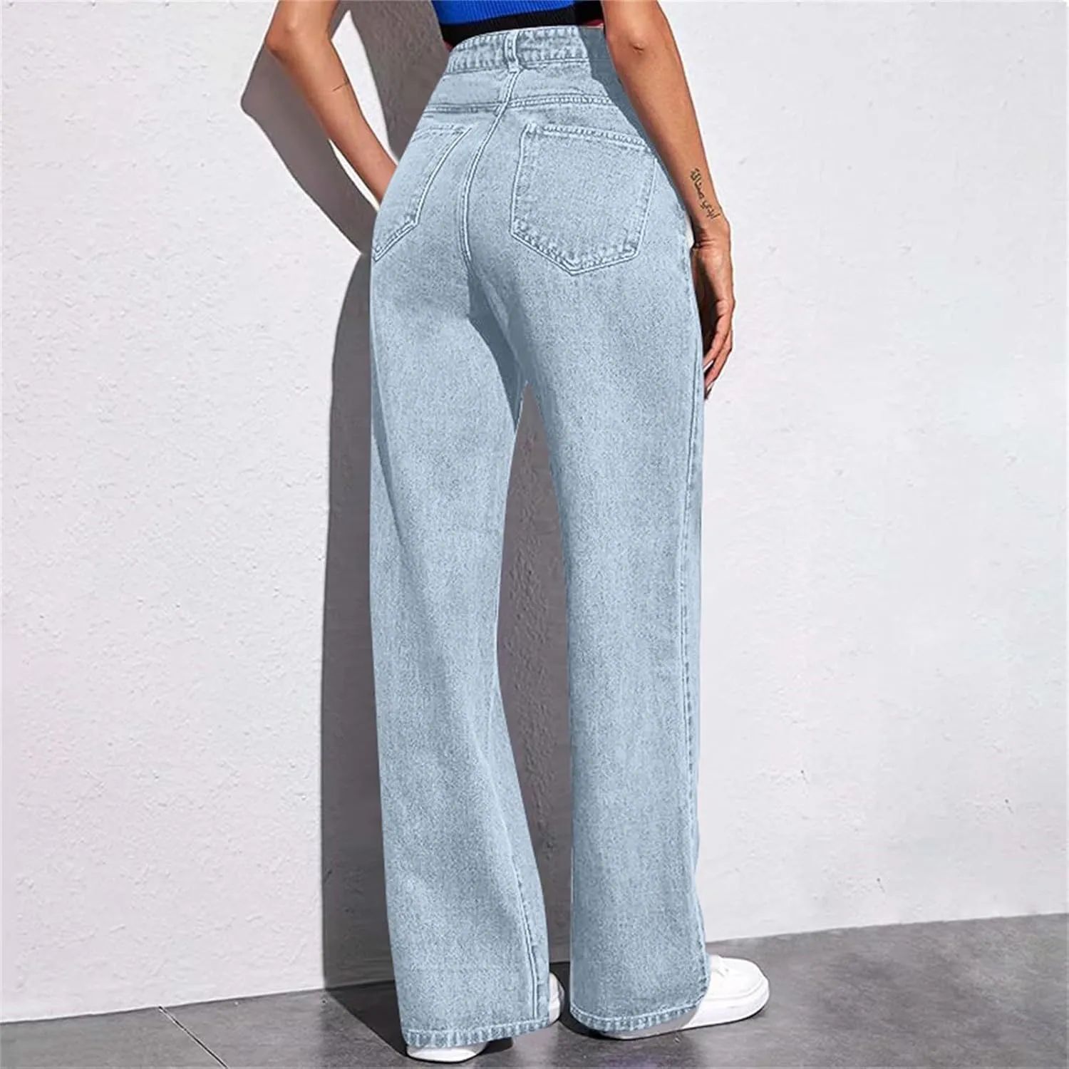 Straight Leg Jeans for Women,Trendy Retro High Waisted Wide Leg Stretch Boyfriend Denim Pants with Pockets