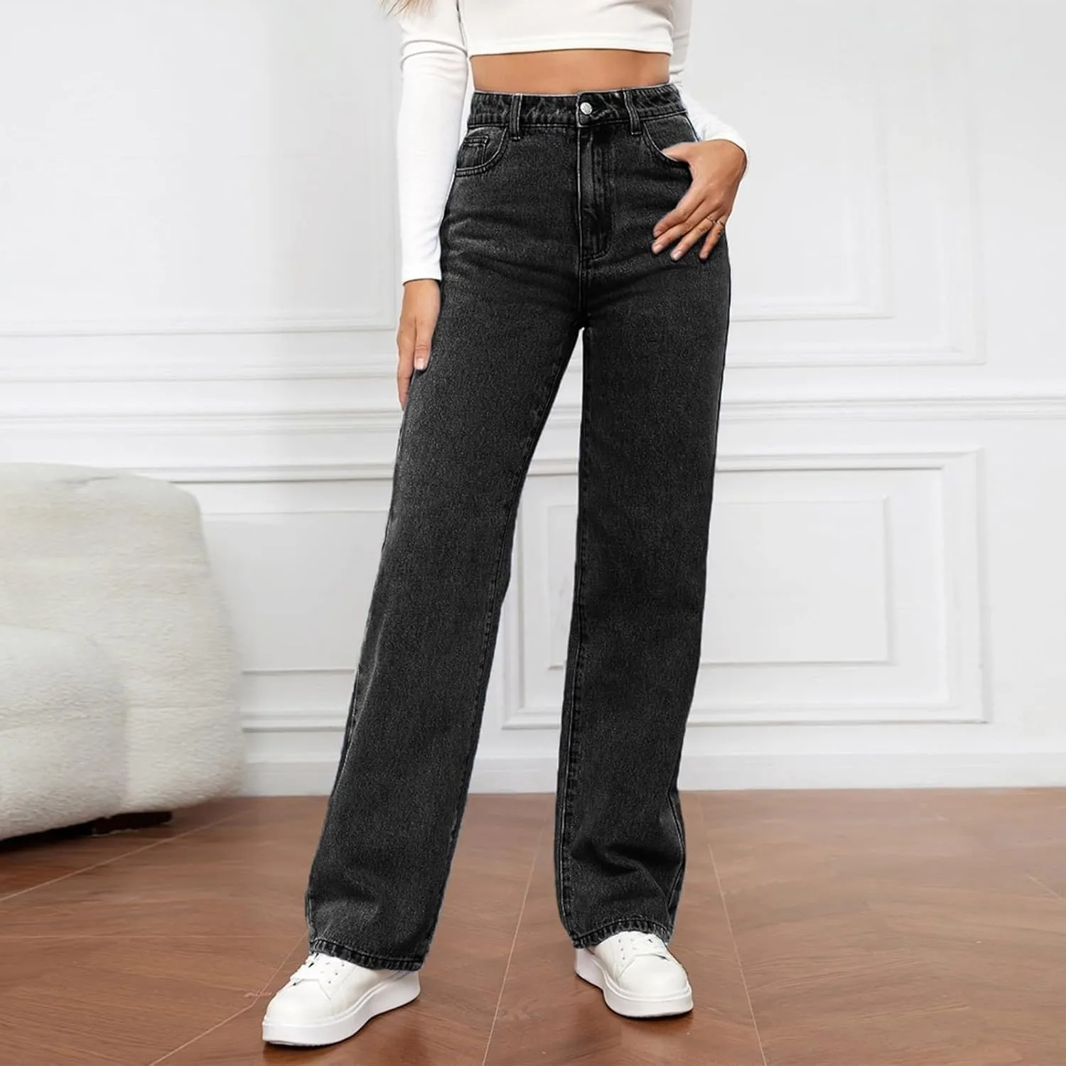 Straight Leg Jeans for Women,Trendy Retro High Waisted Wide Leg Stretch Boyfriend Denim Pants