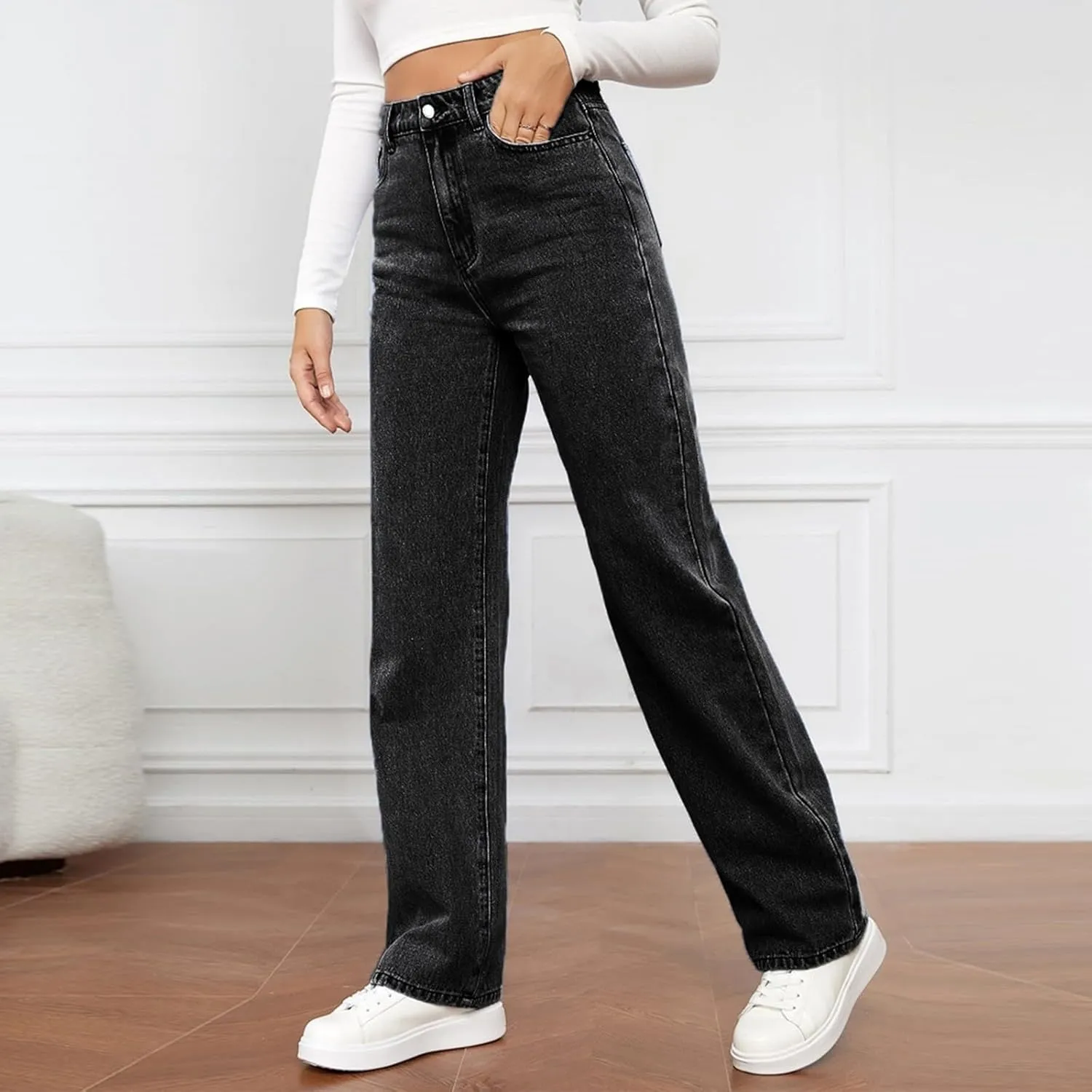 Straight Leg Jeans for Women,Trendy Retro High Waisted Wide Leg Stretch Boyfriend Denim Pants