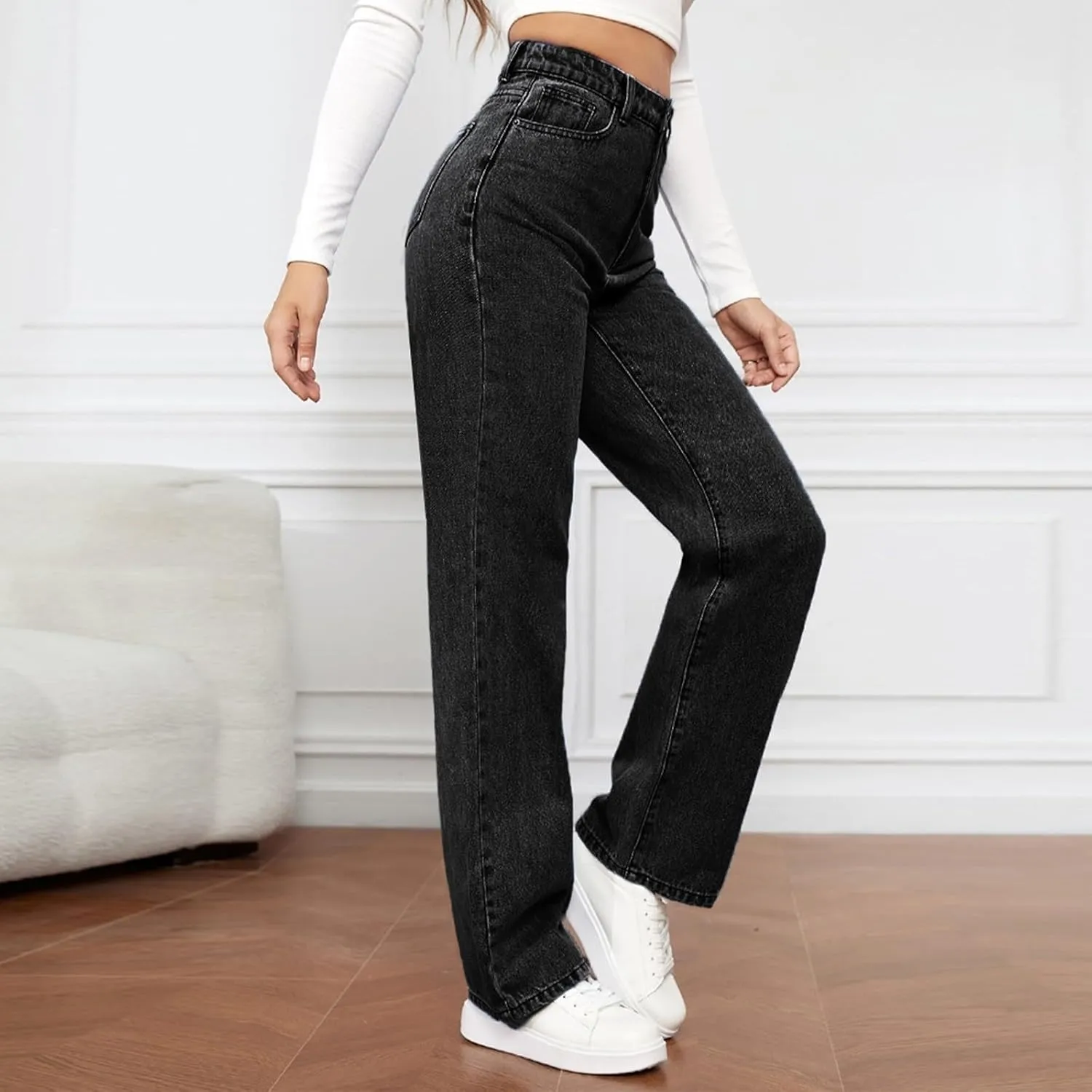 Straight Leg Jeans for Women,Trendy Retro High Waisted Wide Leg Stretch Boyfriend Denim Pants