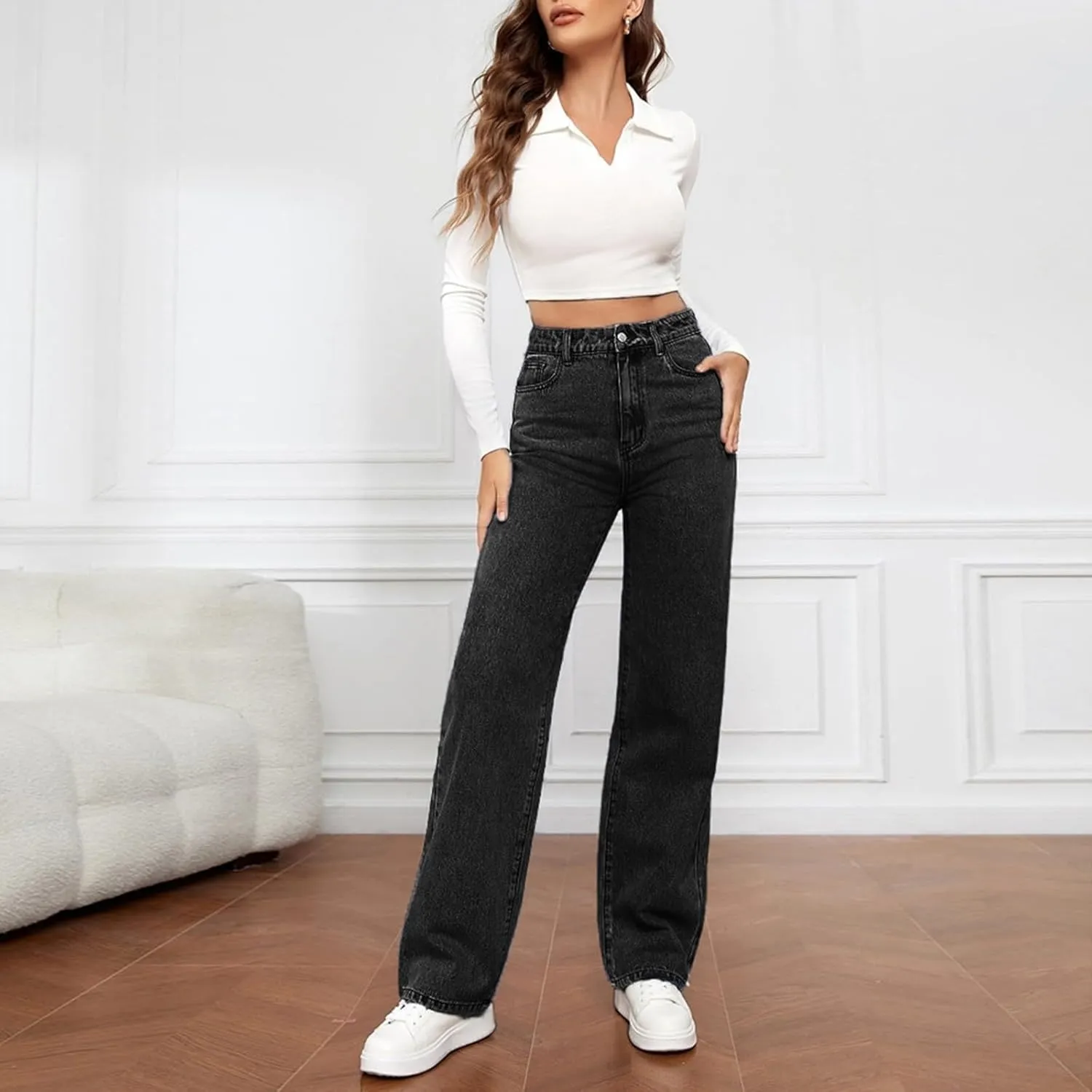 Straight Leg Jeans for Women,Trendy Retro High Waisted Wide Leg Stretch Boyfriend Denim Pants