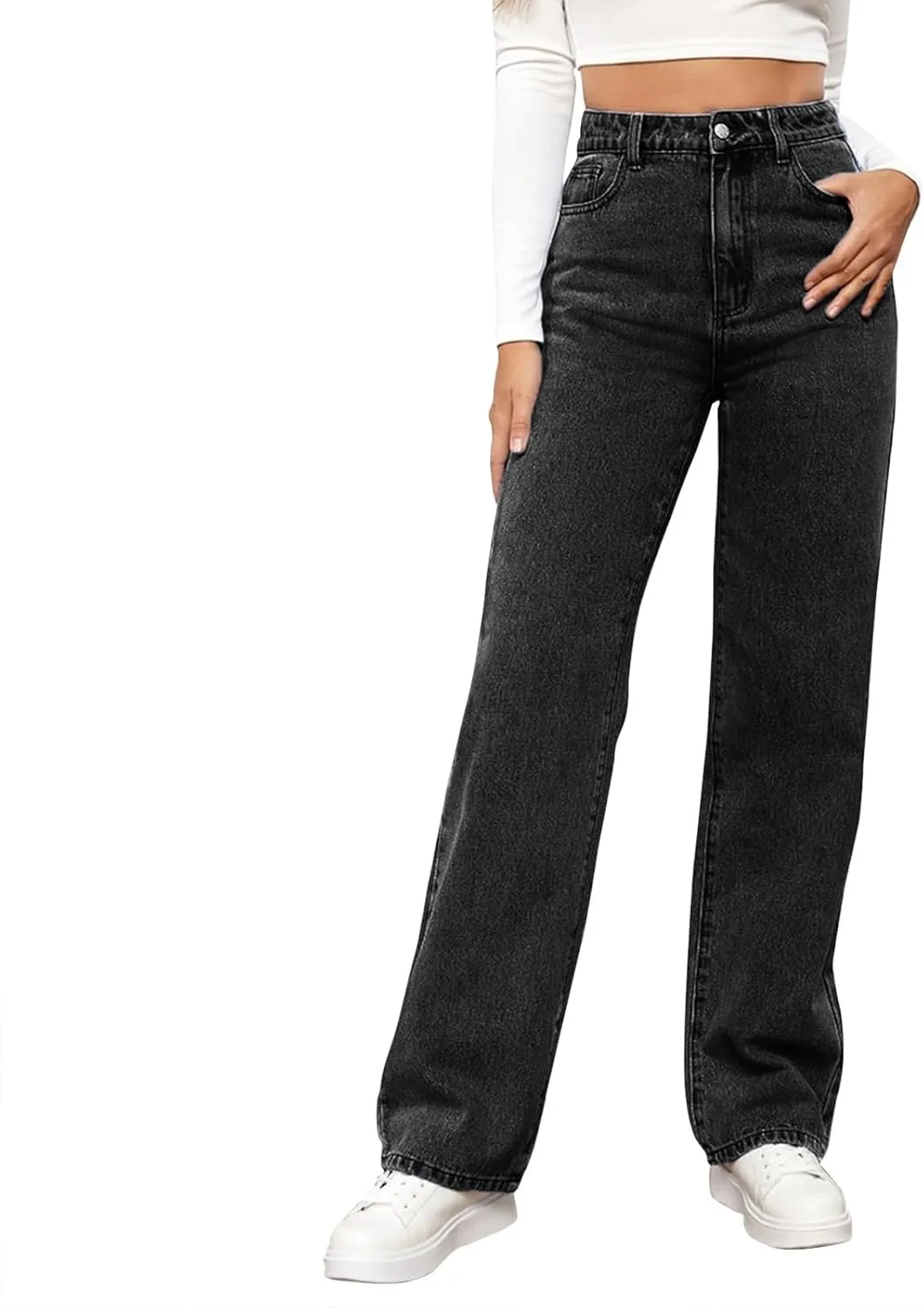 Straight Leg Jeans for Women,Trendy Retro High Waisted Wide Leg Stretch Boyfriend Denim Pants
