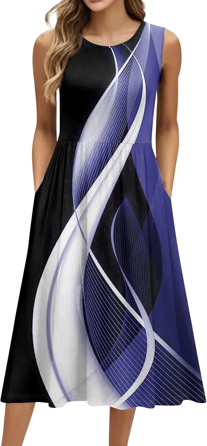 Summer Dresses for Women Casual Sleeveless Midi Dress Swing Tank Sundress Flowy Beach T-Shirt Dress with Pockets