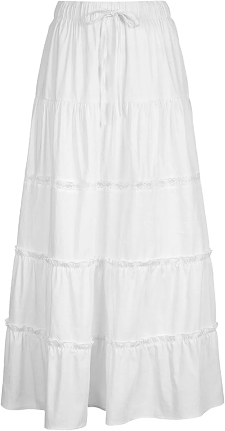 Summer Maxi Skirt for Women 2024 a Line Elastic High Waist Long Skirt Flowy Tiered Ruffle Pleated Skirt