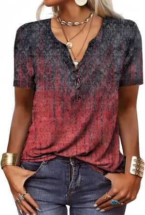 Summer Shirts for Women 2025 Short Sleeve Tunic Tops Flower Printed T Shirts Graphic V Neck Button Up Shirts