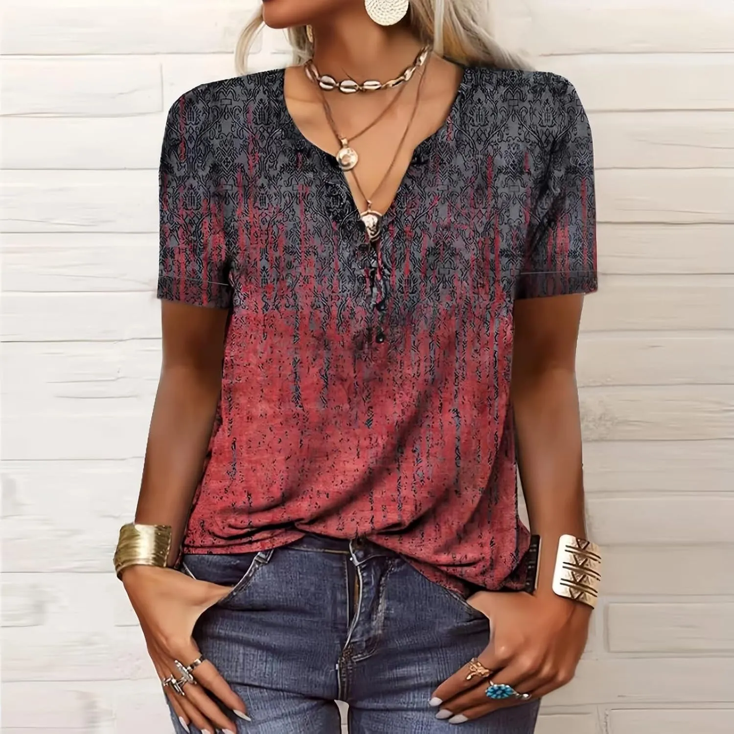 Summer Shirts for Women 2025 Short Sleeve Tunic Tops Flower Printed T Shirts Graphic V Neck Button Up Shirts