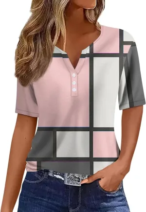 Summer Tops for Women 2025 Trendy Vacation Short Sleeve Button Vneck T Shirt Loose Fitted Boho Graphic Tees Fashion