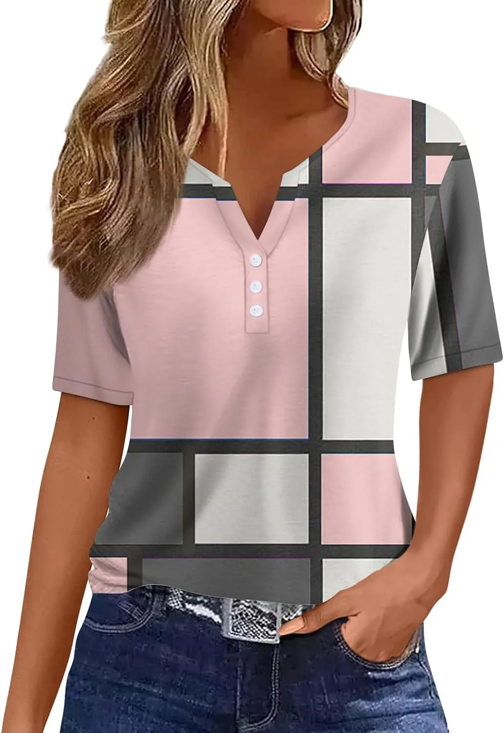 Summer Tops for Women 2025 Trendy Vacation Short Sleeve Button Vneck T Shirt Loose Fitted Boho Graphic Tees Fashion