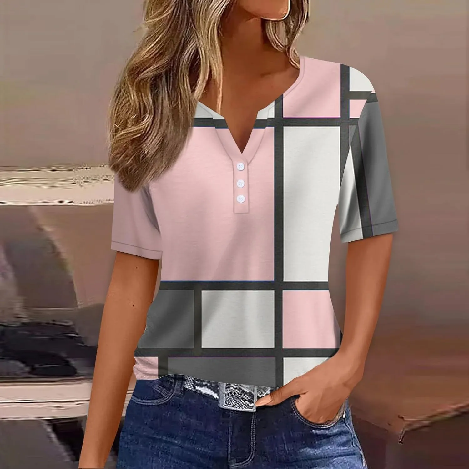 Summer Tops for Women 2025 Trendy Vacation Short Sleeve Button Vneck T Shirt Loose Fitted Boho Graphic Tees Fashion