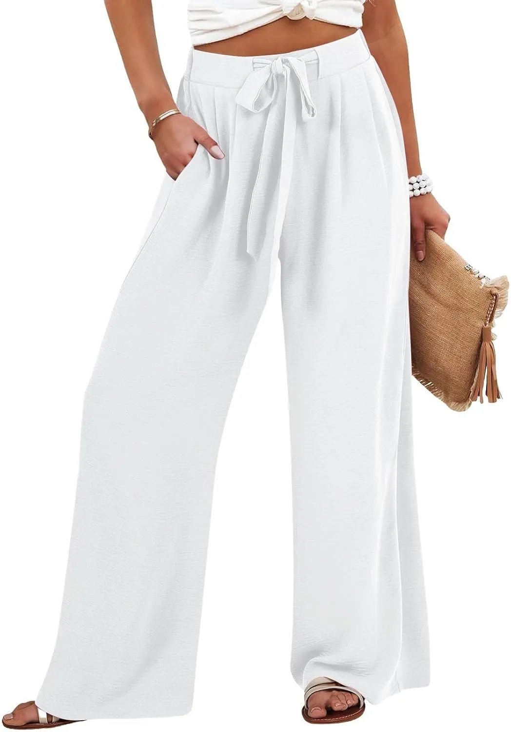Summer Wide Leg Linen Pants for Women with Pockets High Waisted Tie Knot Beach Palazzo Pants Casual Lounge Trousers