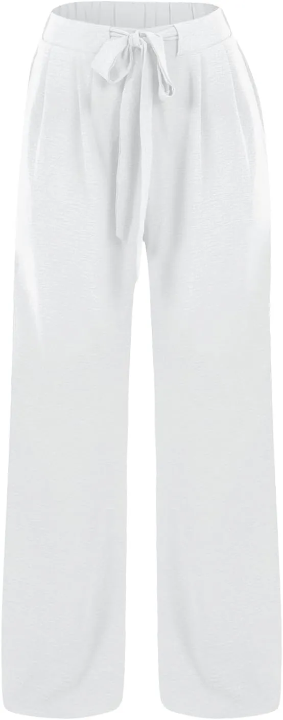 Summer Wide Leg Linen Pants for Women with Pockets High Waisted Tie Knot Beach Palazzo Pants Casual Lounge Trousers