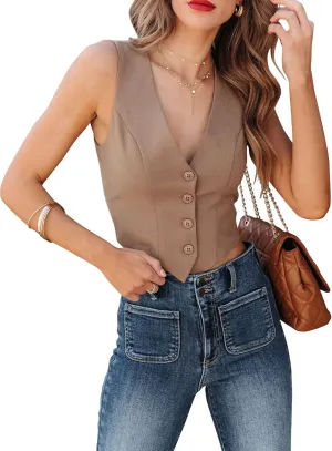 Sunborui Women's Business Button Up Sleeveless Vests Fully Lined V Neck Regular Fitted Jacket Waistcoat