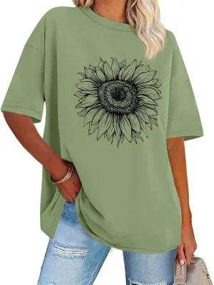 Sunflower Graphic Tees Oversized Vintage Shirts for Women Casual Printed Tshirts Loose Fit Summer Crew Neck Tops