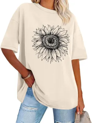 Sunflower Graphic Tees Oversized Vintage Shirts for Women Casual Printed Tshirts Loose Fit Summer Crew Neck Tops