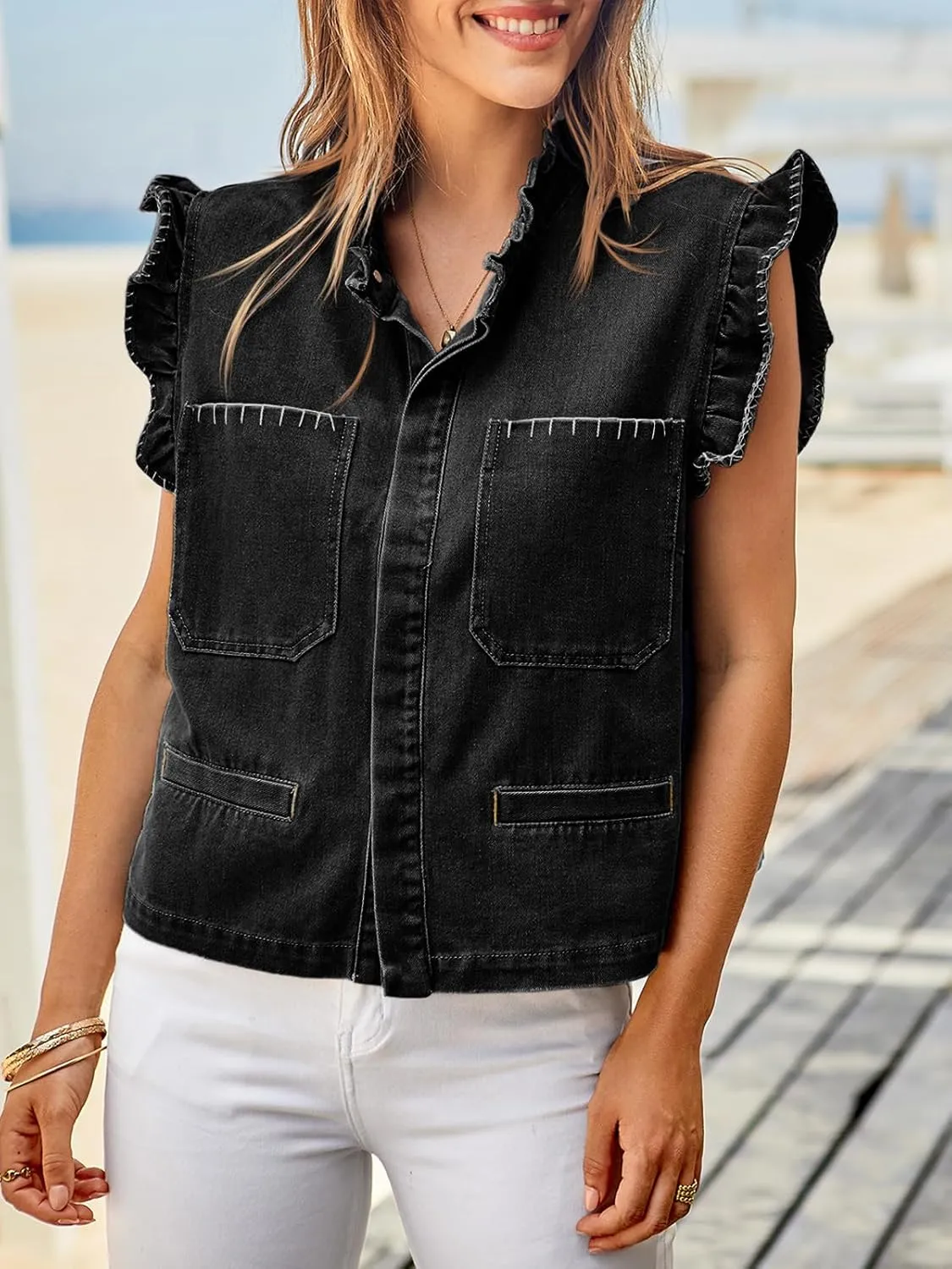 Tankaneo Womens Denim Vest Ruffle Sleeve Summer Causal Cropped Jean Vests Tops Sleeveless Jackets