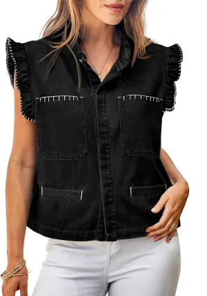 Tankaneo Womens Denim Vest Ruffle Sleeve Summer Causal Cropped Jean Vests Tops Sleeveless Jackets