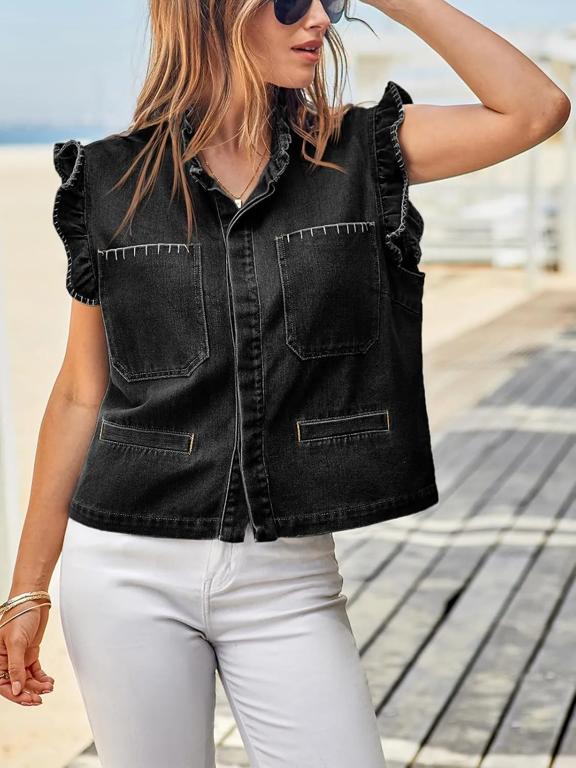Tankaneo Womens Denim Vest Ruffle Sleeve Summer Causal Cropped Jean Vests Tops Sleeveless Jackets
