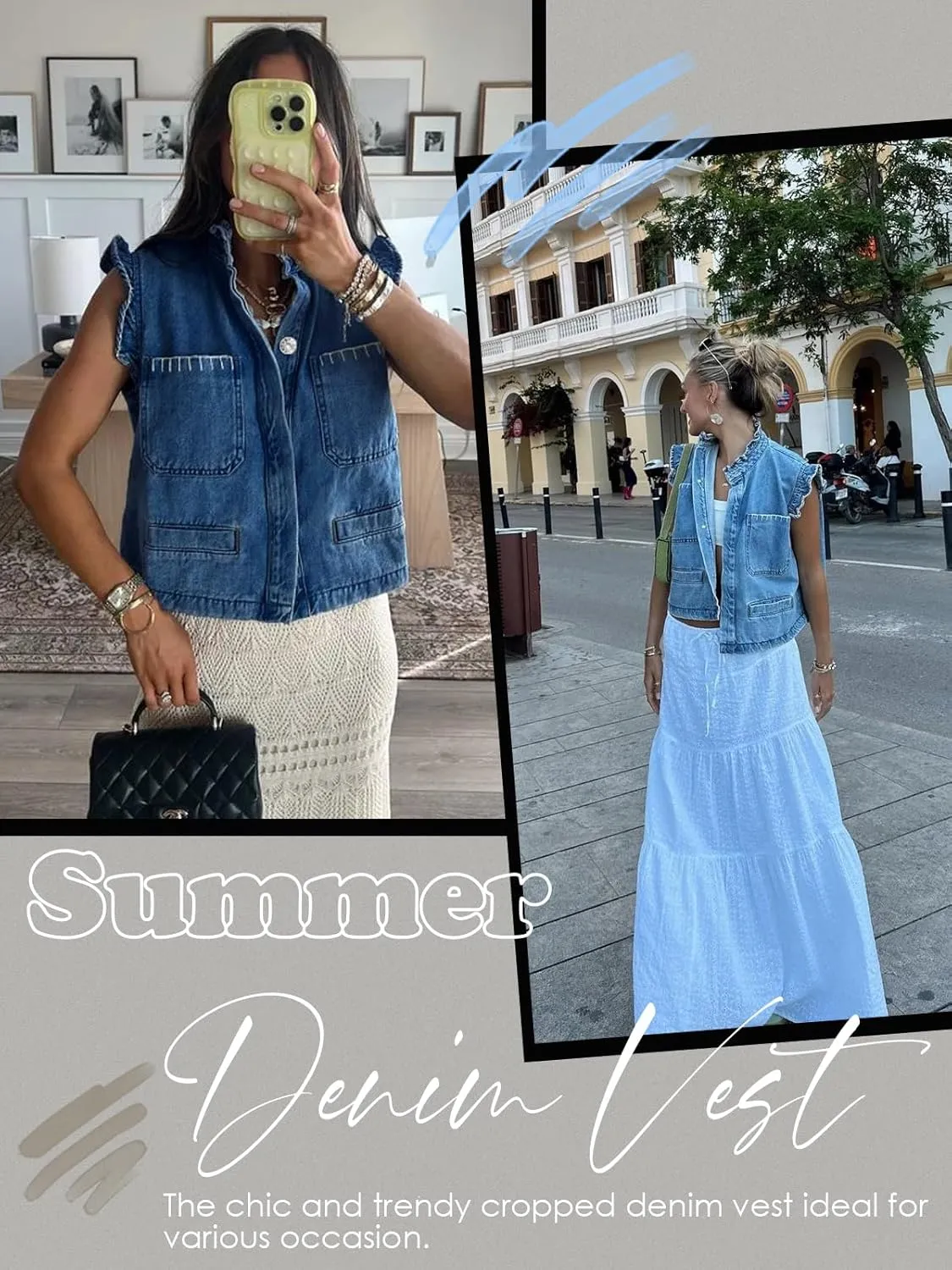 Tankaneo Womens Denim Vest Ruffle Sleeve Summer Causal Cropped Jean Vests Tops Sleeveless Jackets