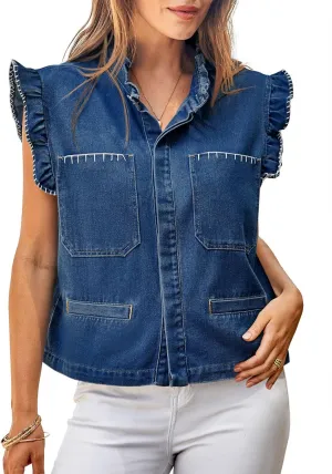 Tankaneo Womens Denim Vest Ruffle Sleeve Summer Causal Cropped Jean Vests Tops Sleeveless Jackets
