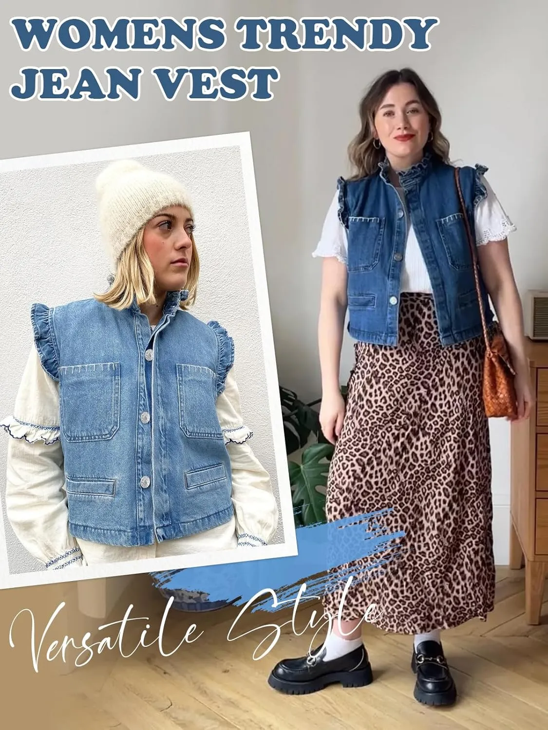 Tankaneo Womens Denim Vest Ruffle Sleeve Summer Causal Cropped Jean Vests Tops Sleeveless Jackets