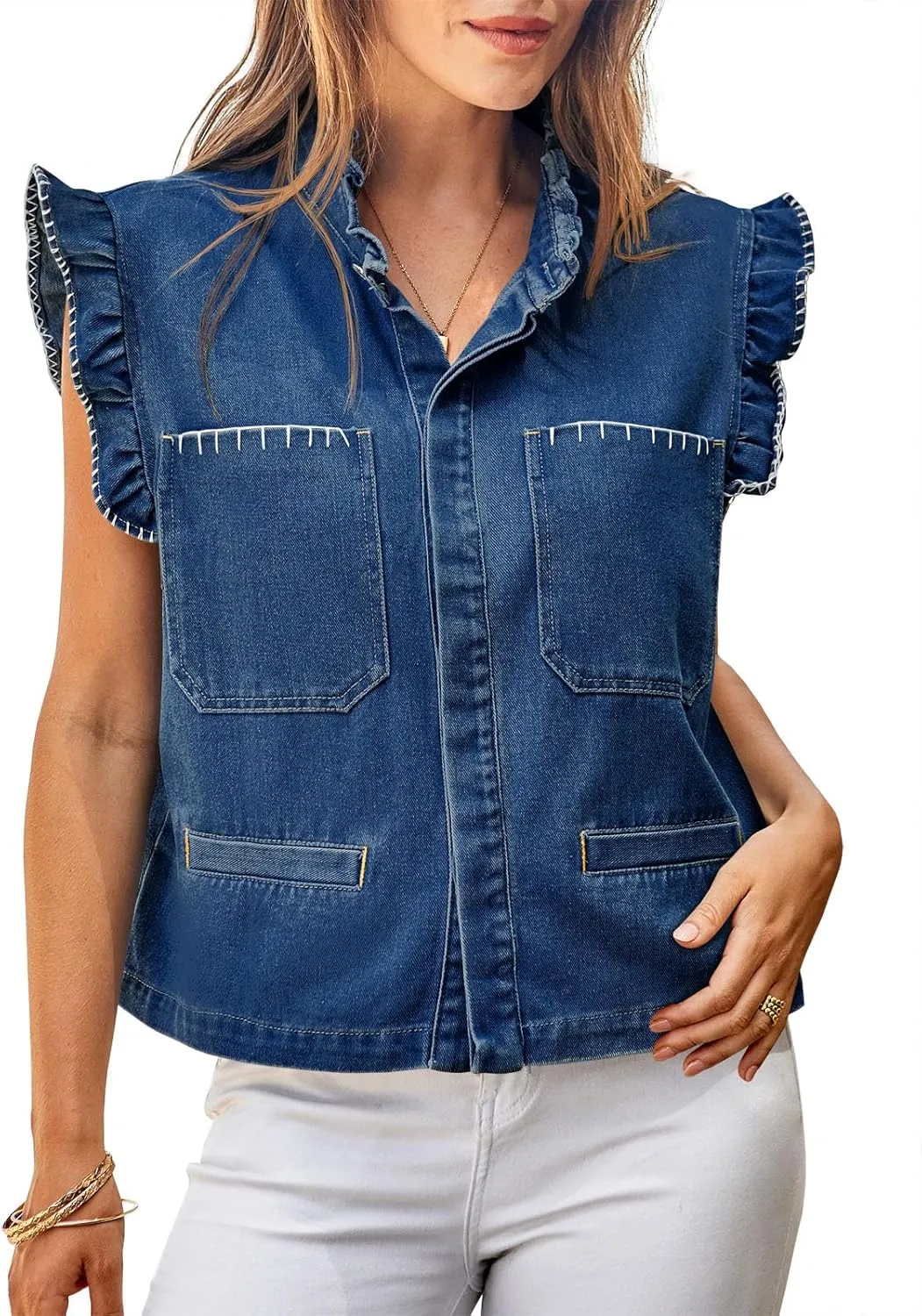 Tankaneo Womens Denim Vest Ruffle Sleeve Summer Causal Cropped Jean Vests Tops Sleeveless Jackets