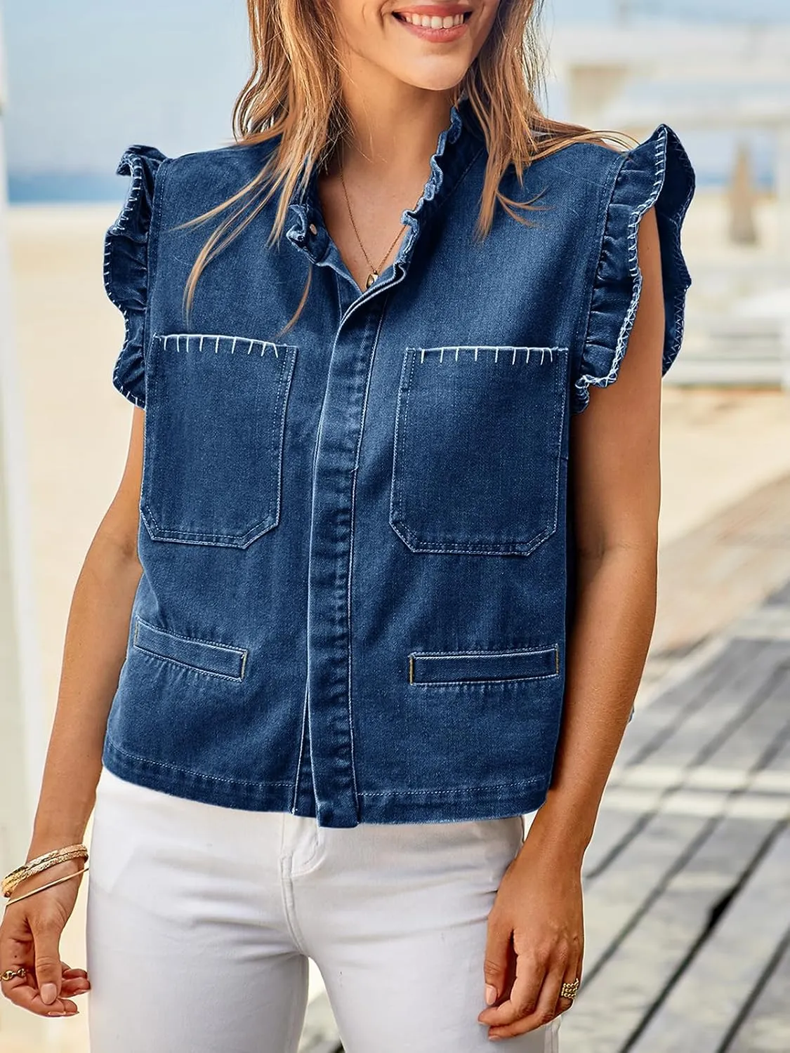 Tankaneo Womens Denim Vest Ruffle Sleeve Summer Causal Cropped Jean Vests Tops Sleeveless Jackets