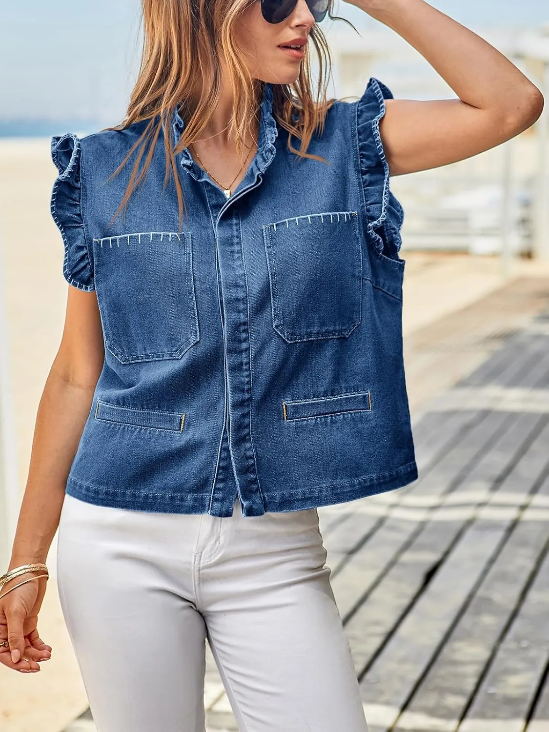 Tankaneo Womens Denim Vest Ruffle Sleeve Summer Causal Cropped Jean Vests Tops Sleeveless Jackets