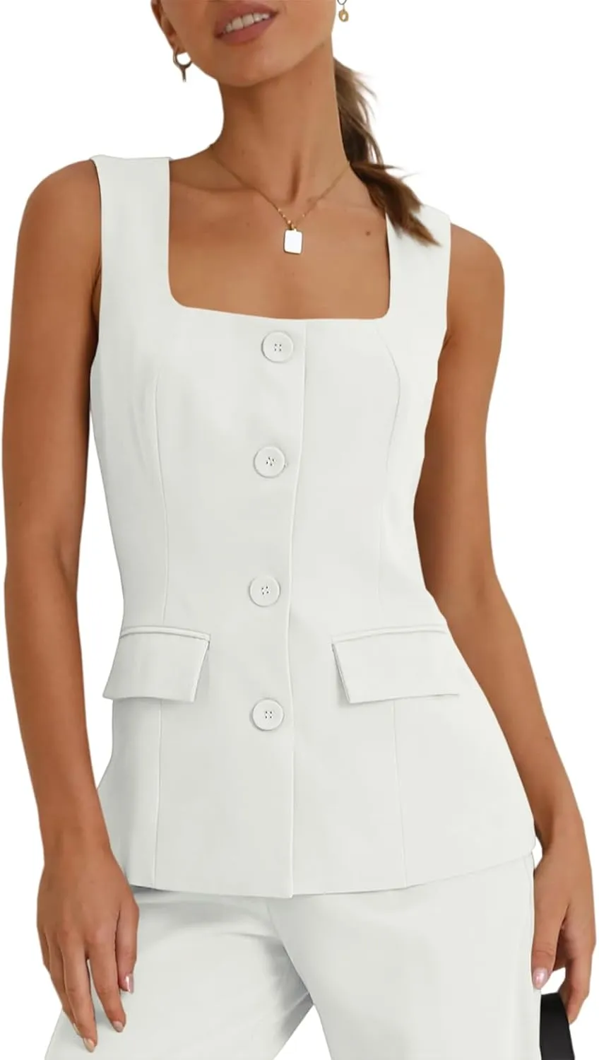 Tankaneo Women's Single Breasted Vests Square Neck Sleeveless Slim Fitted Work Office Waistcoats