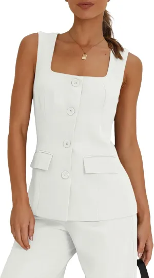 Tankaneo Women's Single Breasted Vests Square Neck Sleeveless Slim Fitted Work Office Waistcoats