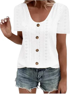 Tops for Women Trendy Short Sleeve Embroidery Hollow Elegant Shirts Casual Scoop Neck Cute Plain Womens Summer Tops