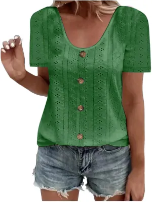 Tops for Women Trendy Short Sleeve Embroidery Hollow Elegant Shirts Casual Scoop Neck Cute Plain Womens Summer Tops