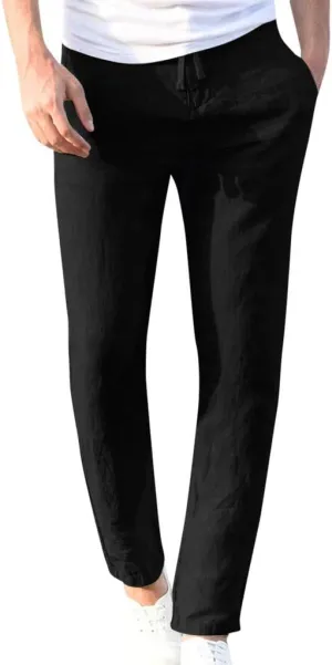 tuduoms Linen Slacks Men's Beach Casual Straight Fit Tapered Pants Summer Slim-Fit Drawstrintg Capri Pants Lightweight Pant